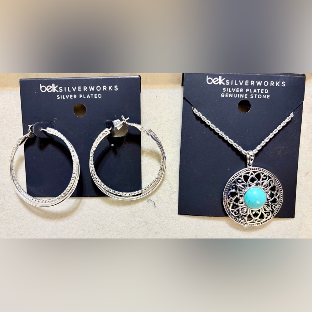 New Belk 2 pc jewelry lot silver plated earrings & necklace Belk Silverworks nwt